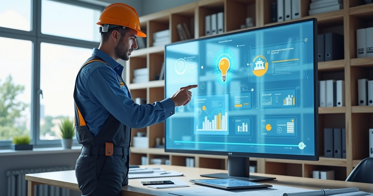Profissional de construção usando tablet para gerenciar chamados técnicos com interface digital de assistência técnica pós-obra