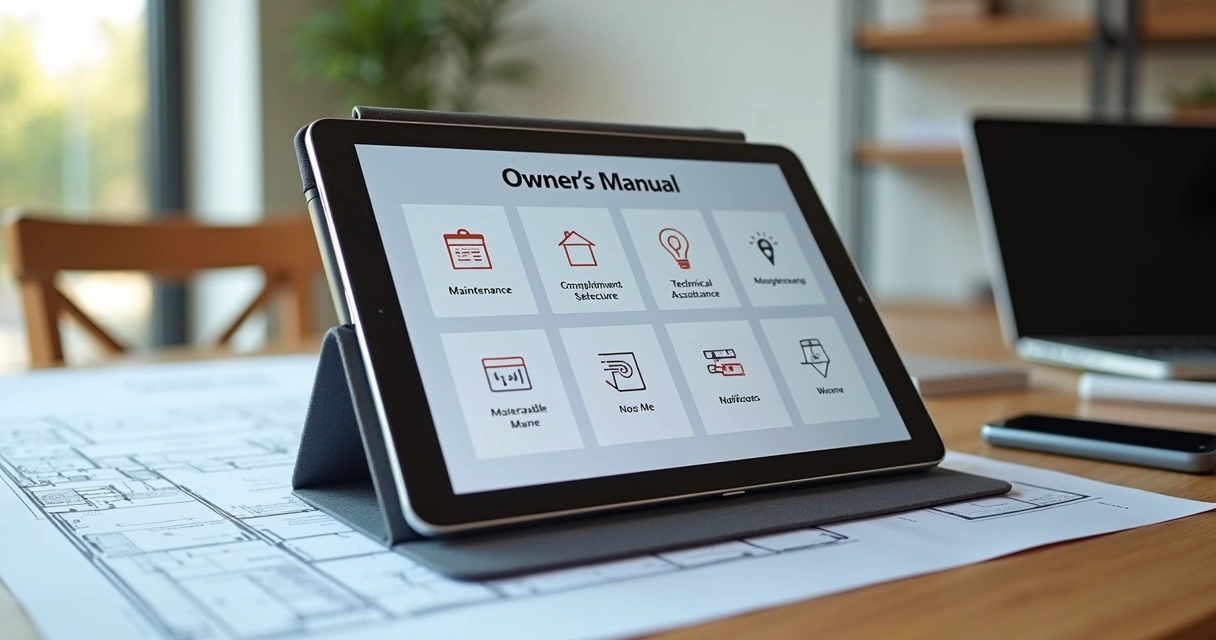 Manual do proprietário digital aberto em tablet com ícones de manutenção e assistência técnica