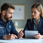 Técnico de assistência técnica conversando com cliente insatisfeito em ambiente corporativo de construção