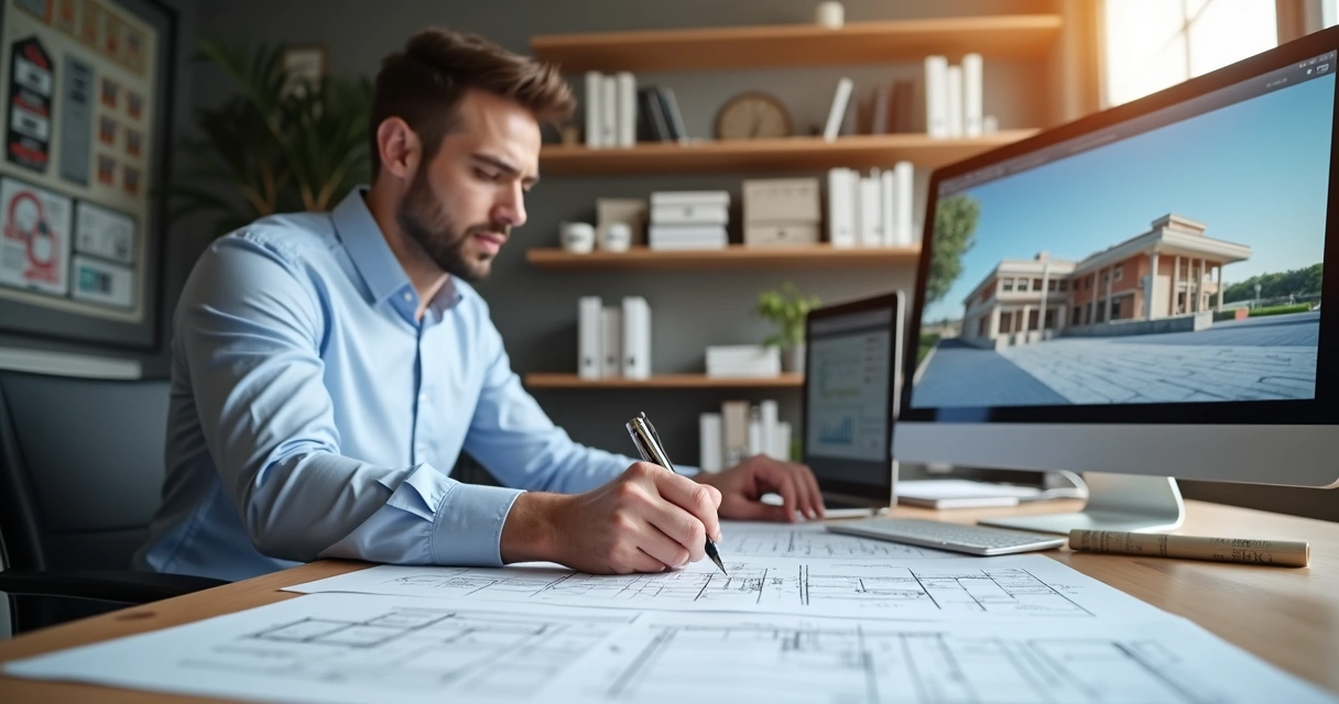 Engenheiro preenchendo formulário da ART em escritório moderno com planta de construção ao fundo