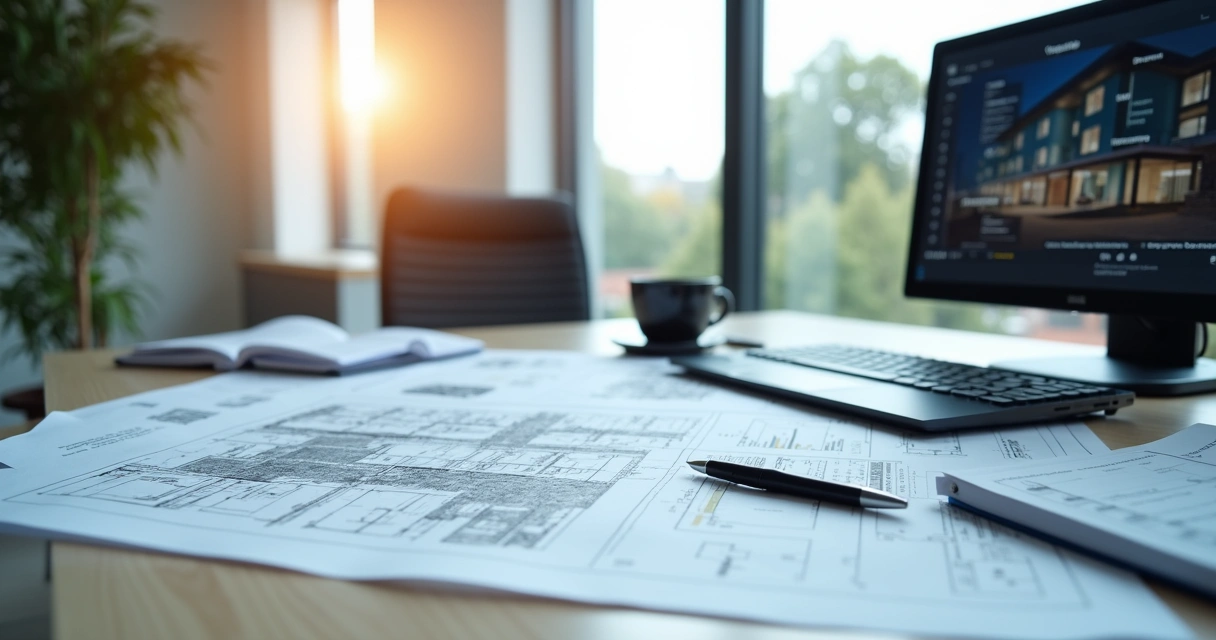 Mesa de escritório com documentos de garantia imobiliária, computador aberto mostrando normas técnicas e uma planta baixa ao lado
