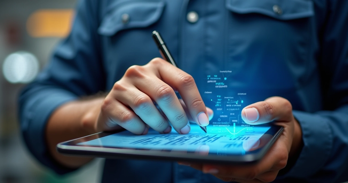 Profissional usando tablet para controle digital de manutenção com gráficos de custos e documentos organizados ao fundo