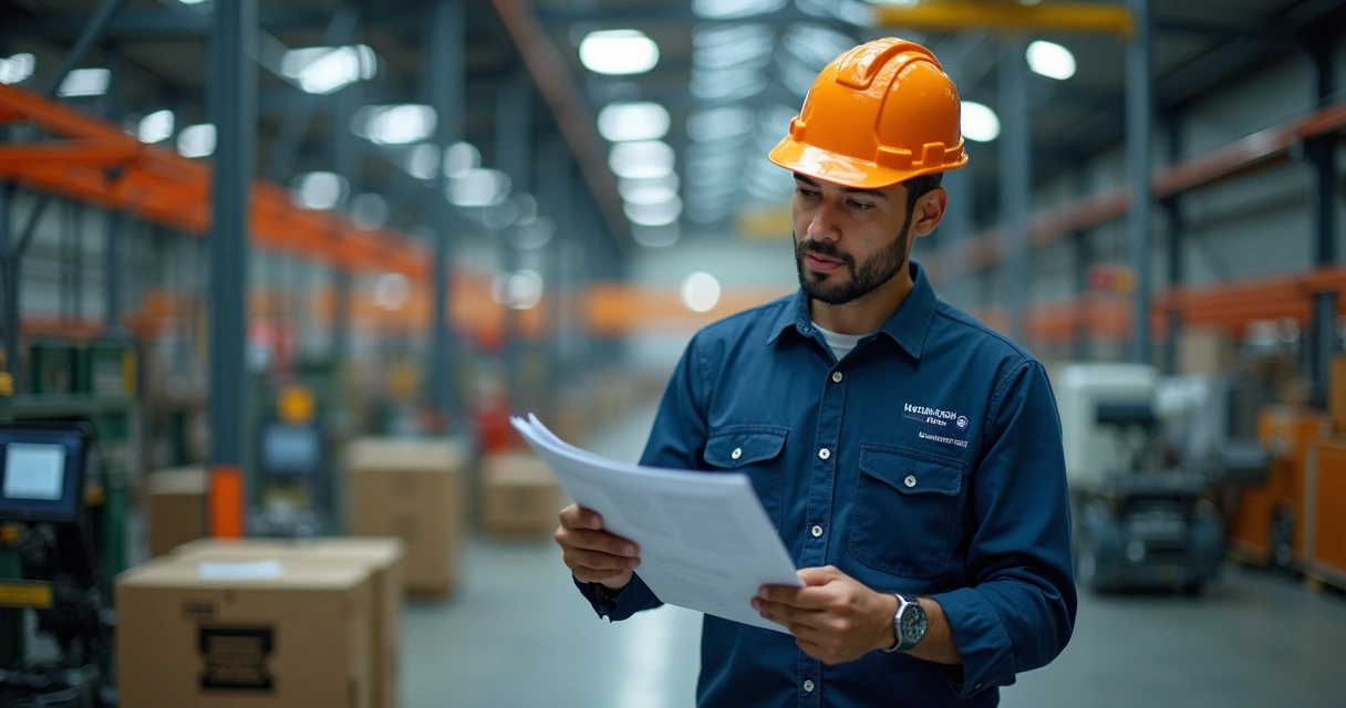 Profissional verificando checklist de manutenção preventiva com prancheta em ambiente industrial moderno e organizado