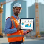 Profissional usando tablet com aplicativo de gestão pós-obra em canteiro de obras moderno