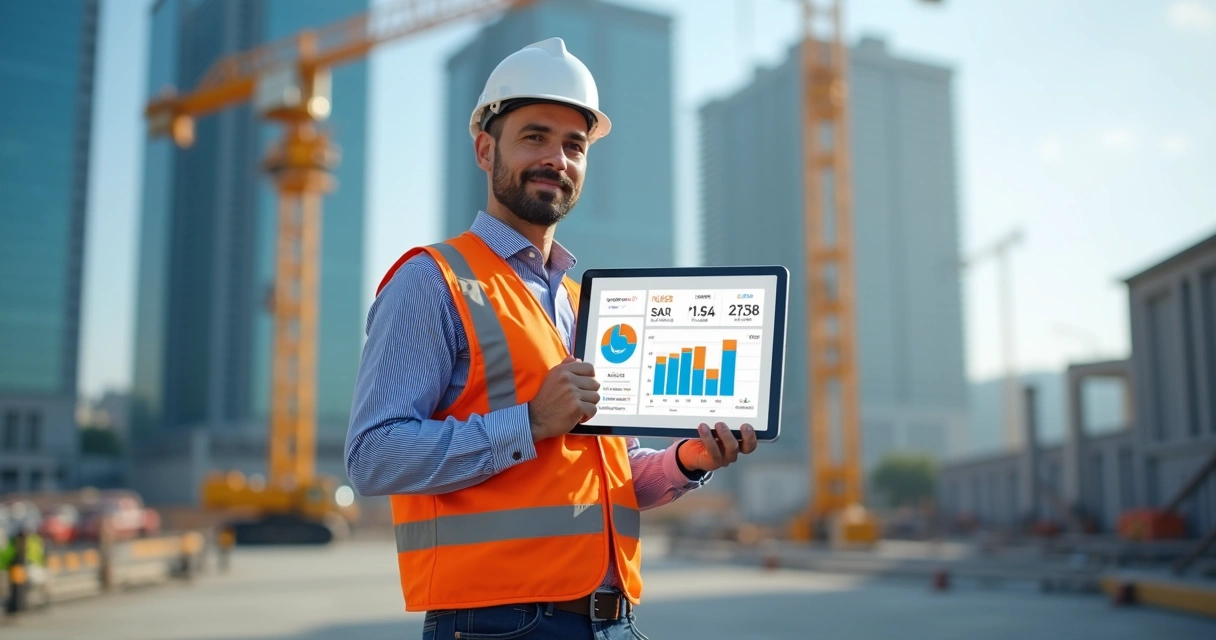 Profissional usando tablet com aplicativo de gestão pós-obra em canteiro de obras moderno