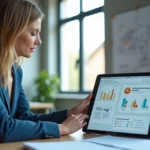 Profissional usando plataforma digital em tablet para gestão de pós-venda na construção civil, com gráficos e documentos digitais na tela