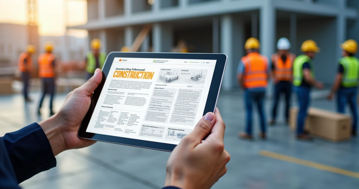 Mão segurando tablet digital com manual de uso e manutenção de obra, ambiente de construção ao fundo
