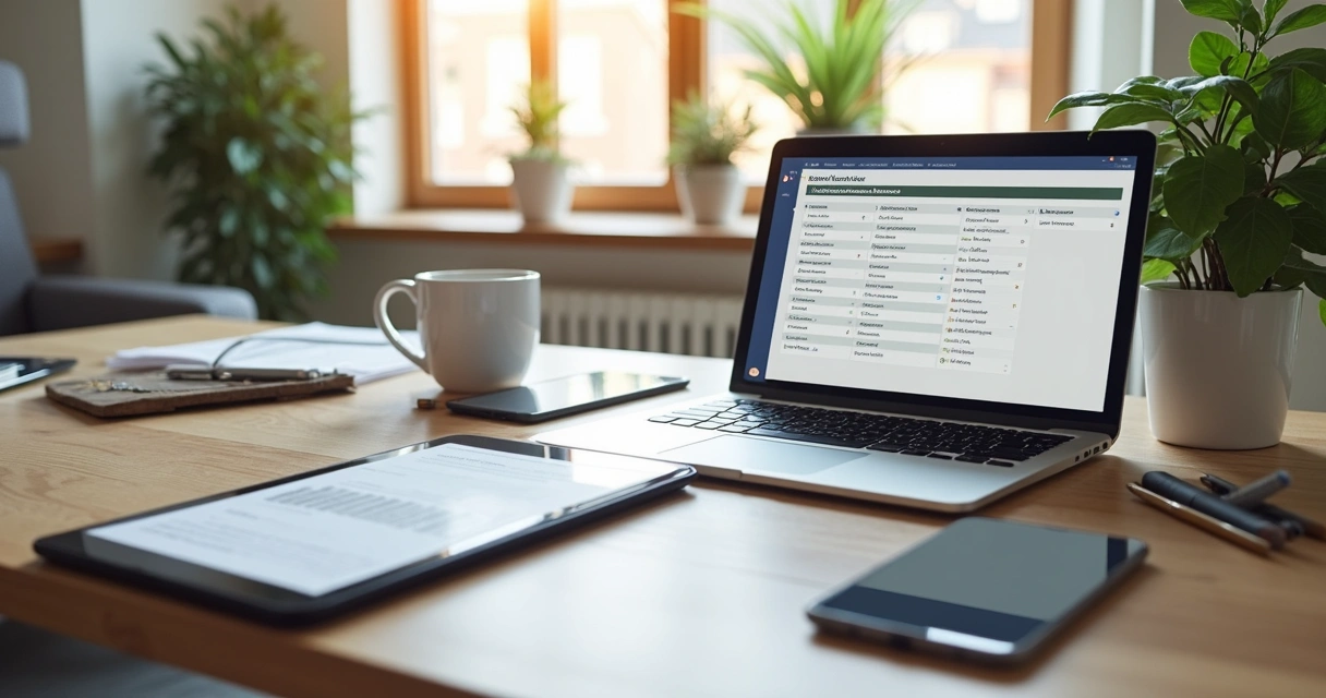 Mesa com documentos digitais organizados em tablet e laptop lado a lado, junto com caneca e itens de escritório modernos
