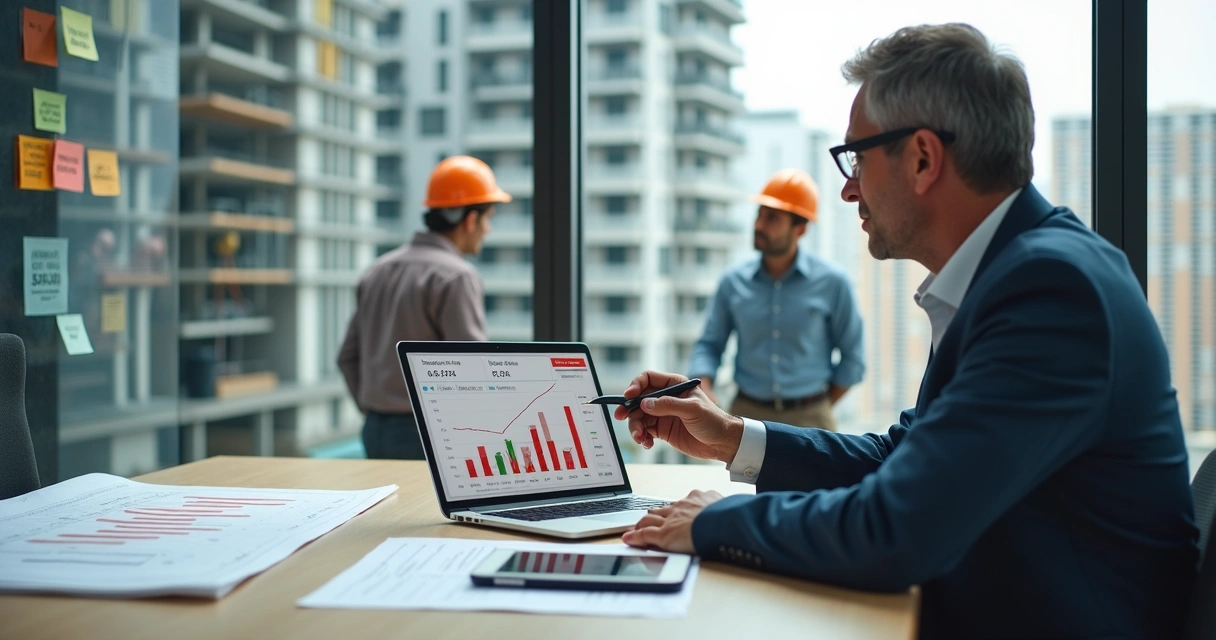 Gestor analisando custos de assistência técnica em obra de construção civil