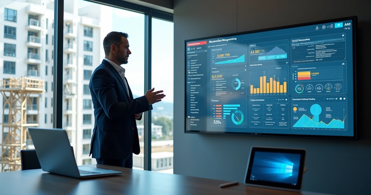 Gestor de construtora analisando painel digital de manutenção pós-obra