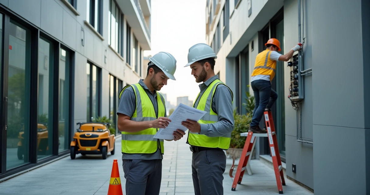 Equipe técnica realizando manutenção predial em fachada de edifício comercial