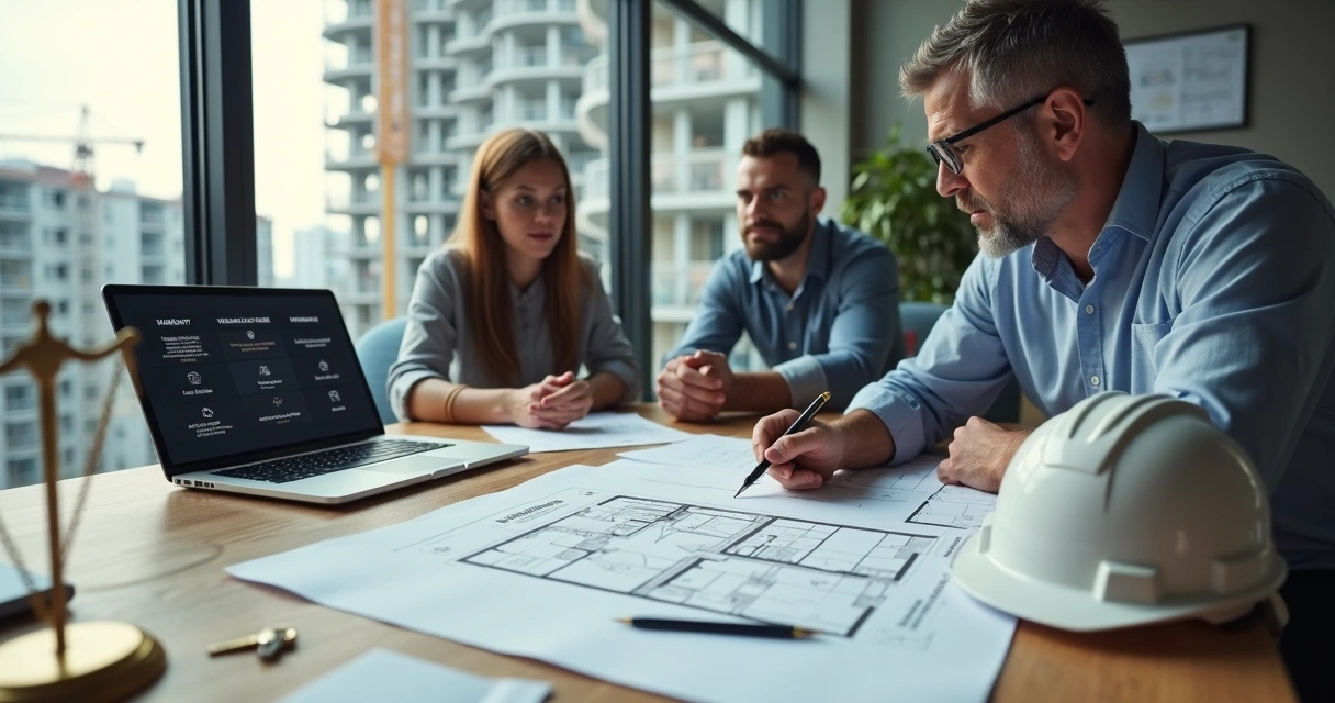 Construtor e casal analisando garantia do imóvel em planta e documentos