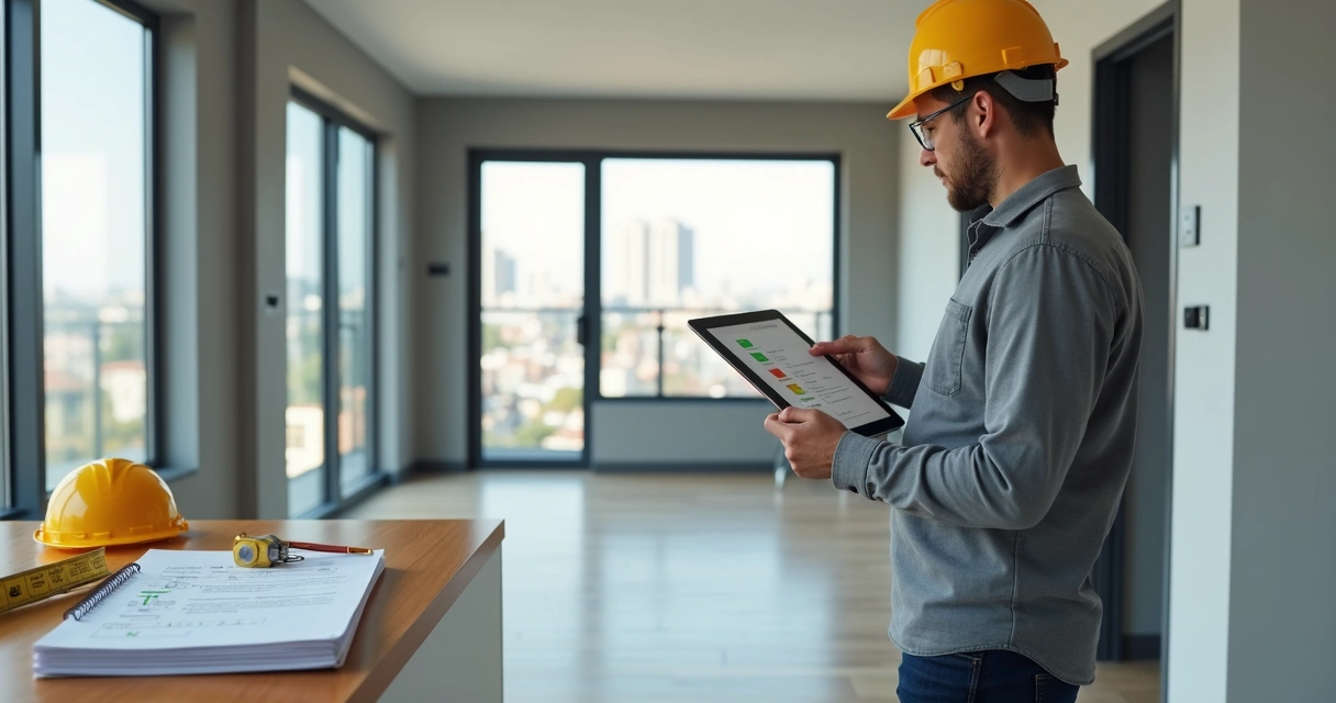 Engenheiro conferindo checklist de pós-obra em tablet dentro de apartamento recém-entregue
