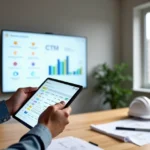 Gestor de construtora usando tablet para controlar garantias pós-obra em painel digital
