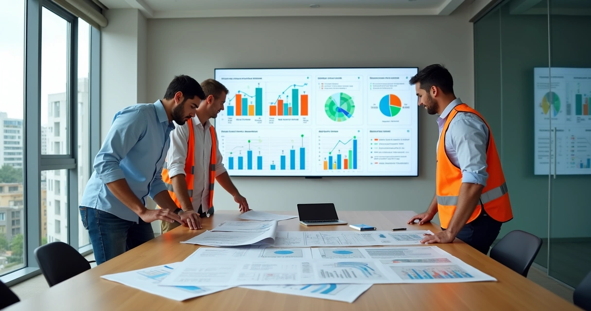 Engenheiros analisando dados de pós-obra em telas para planejar obra econômica