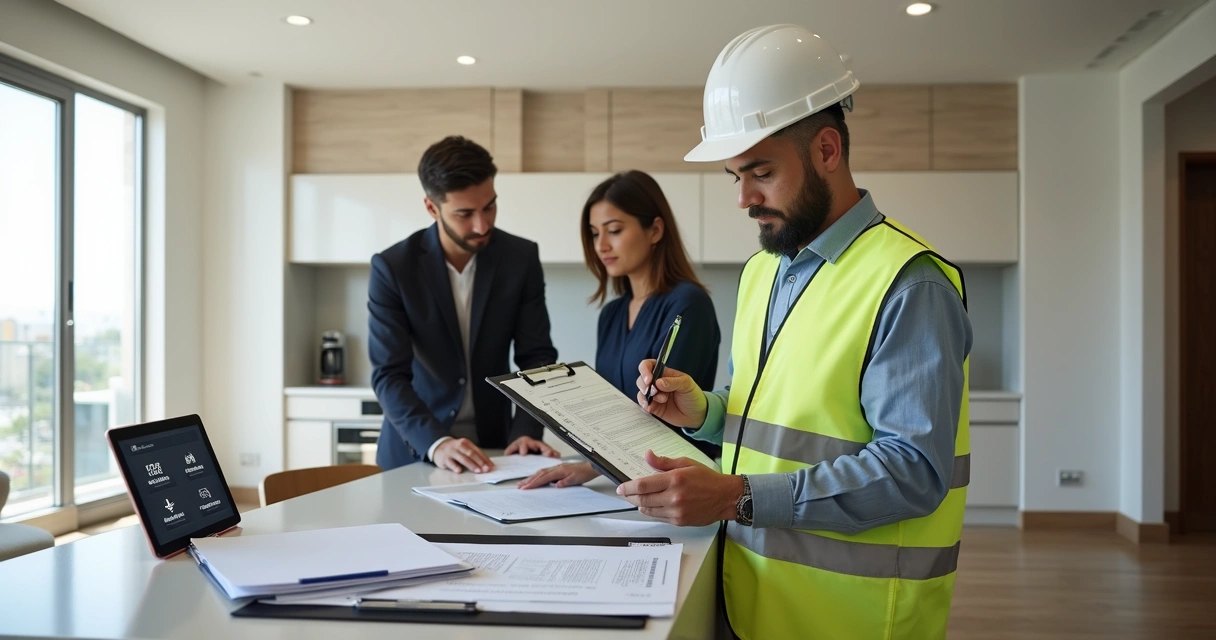 Engenheiro e cliente conferindo checklist na entrega de apartamento novo