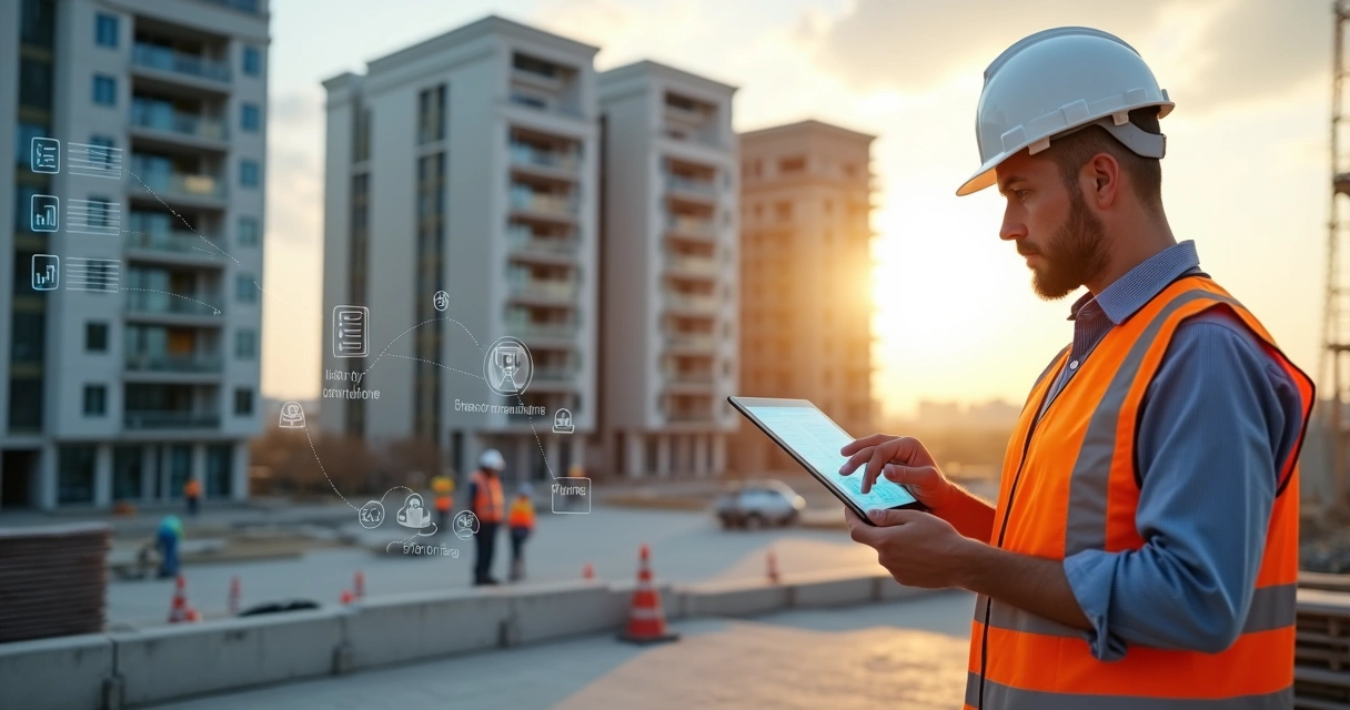 Engenheiro usando tablet em canteiro de obras com prédio quase concluído ao fundo