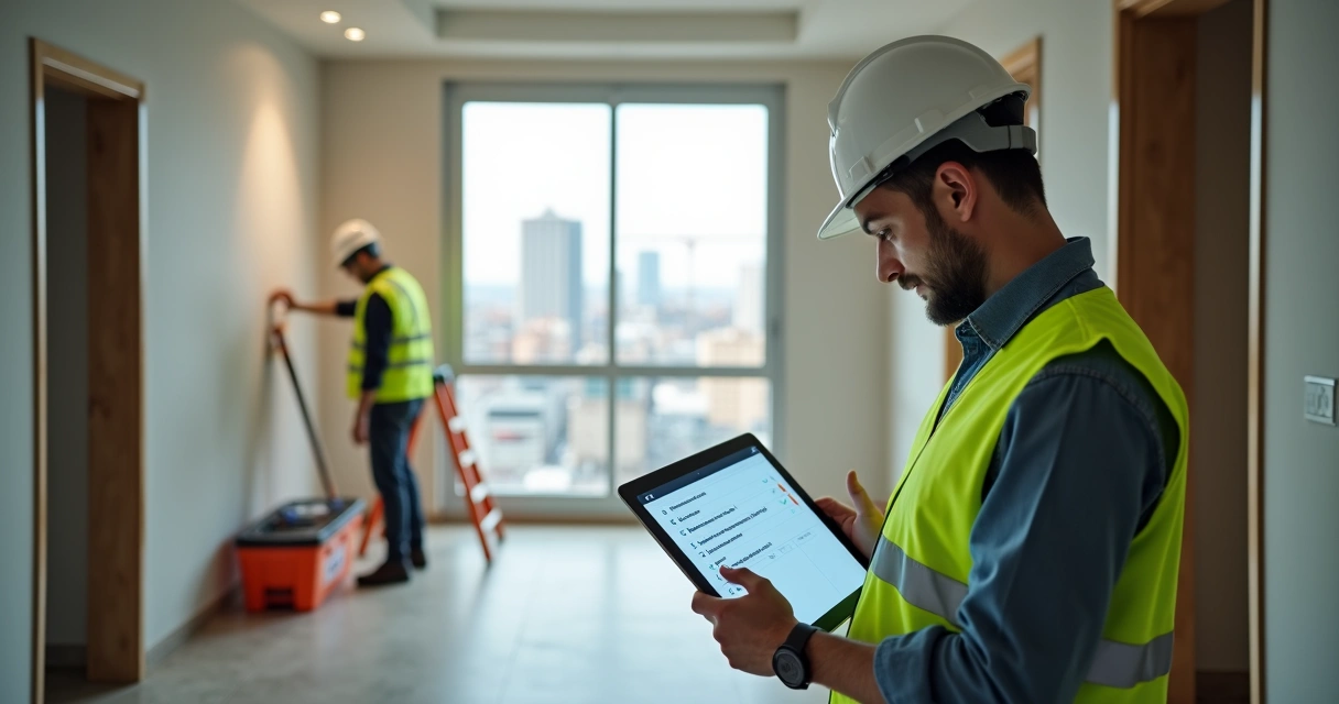 Gestor de construtora analisando checklist de pós-obra em tablet no canteiro de obras