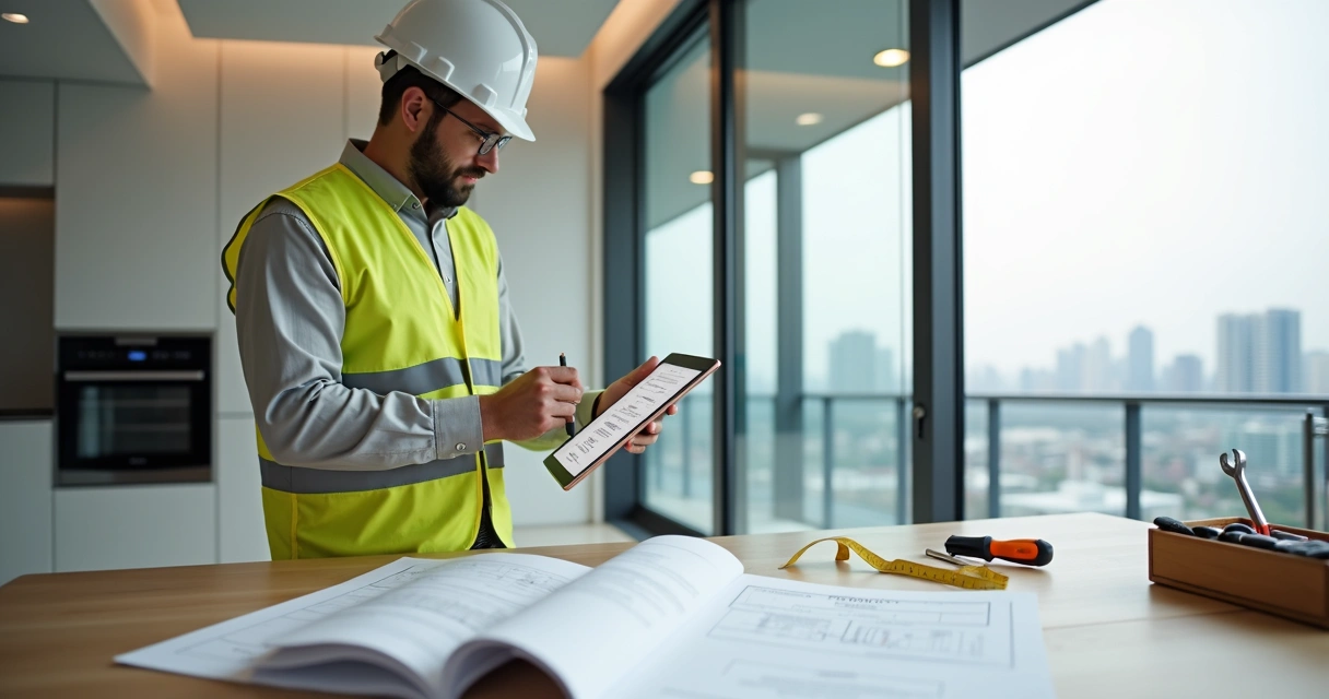 Engenheiro registra checklist de pós-obra em tablet dentro de apartamento recém-entregue