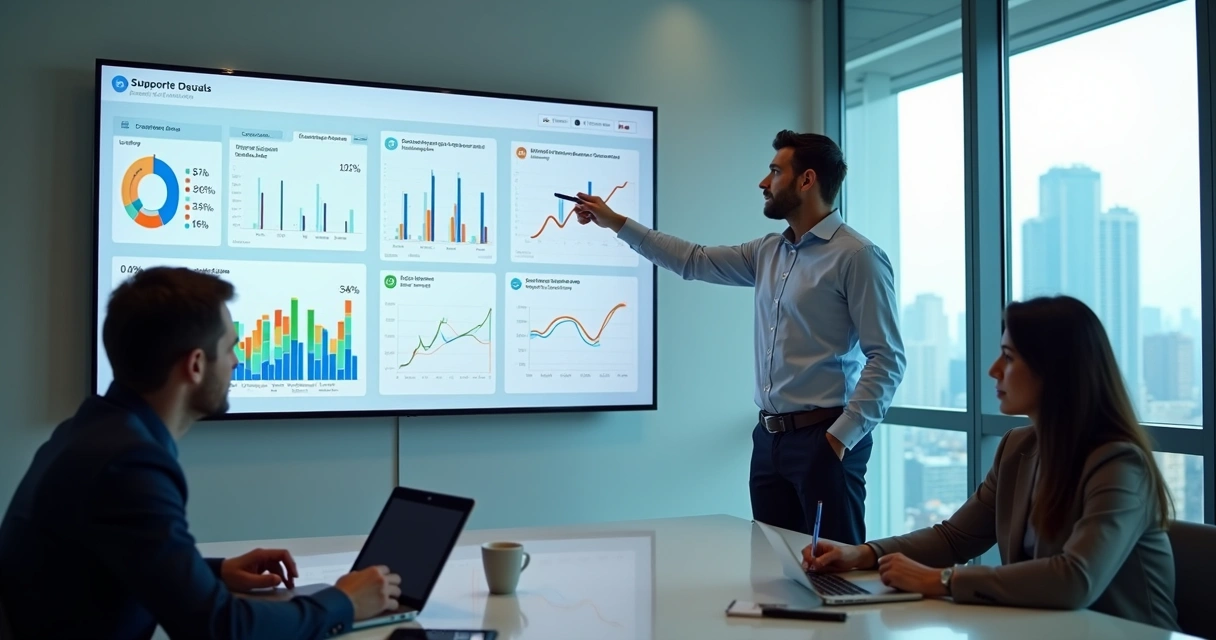 Gestor analisando indicadores de desempenho na assistência técnica em painel digital