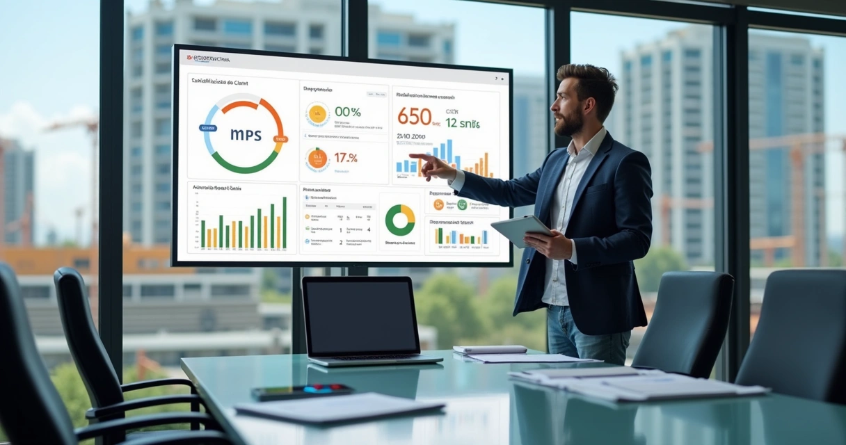 Gestor de construtora analisando indicadores de satisfação do cliente no pós-obra em painel digital