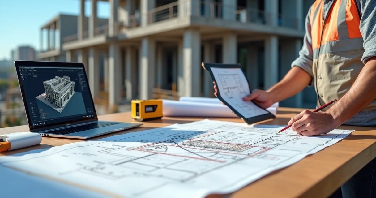 Engenheiro revisando planta as built em canteiro de obras moderno