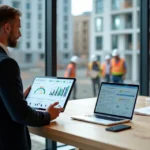 Gestor de construtora usando tablet com dashboard de pós-obra em obra moderna