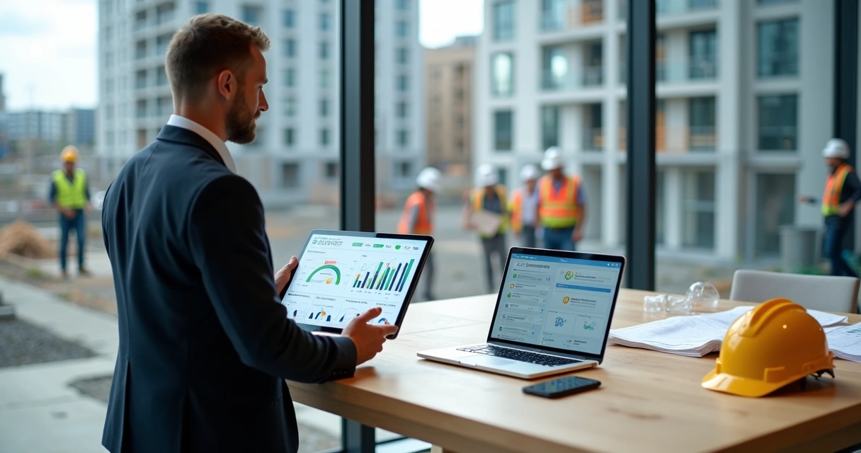Gestor de construtora usando tablet com dashboard de pós-obra em obra moderna