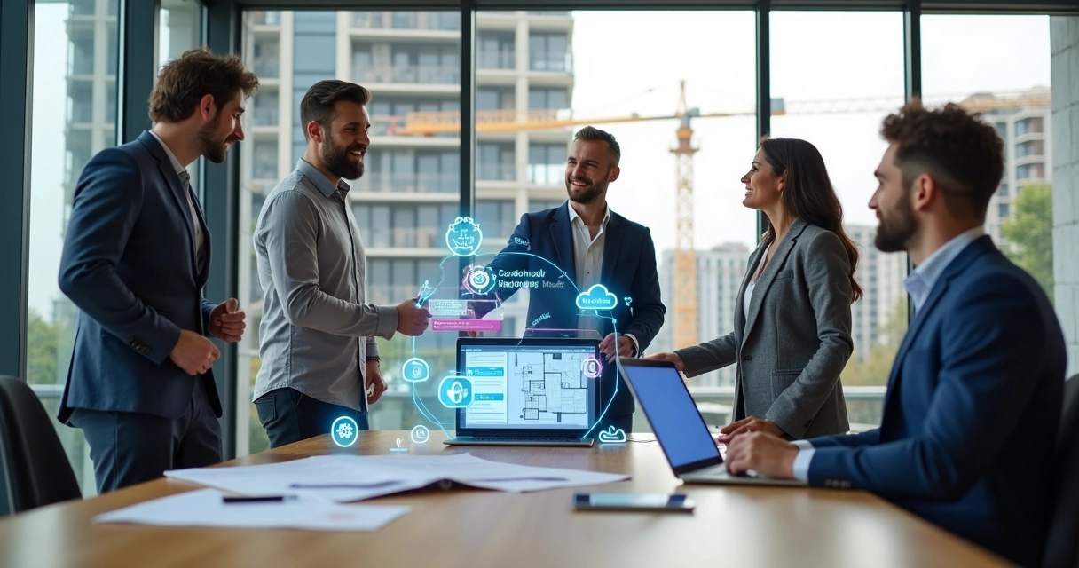 Equipe de construção analisando planta digital em tablet com cliente em obra moderna