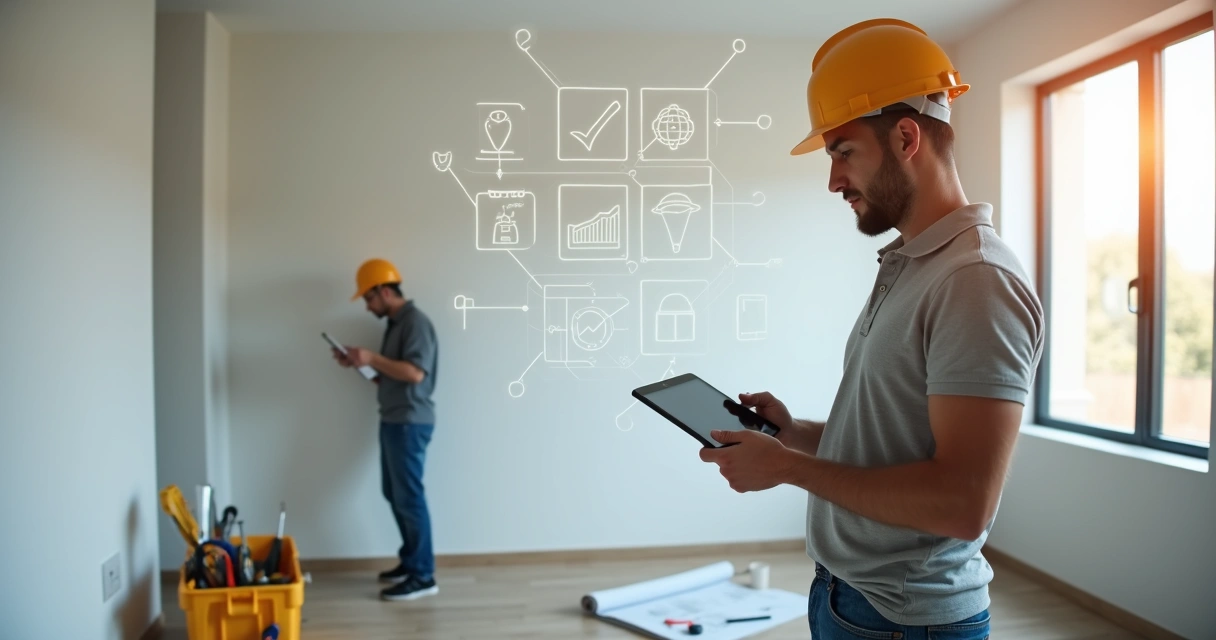 Engenheiro usando tablet para registrar intervenção pós-obra em apartamento recém-entregue