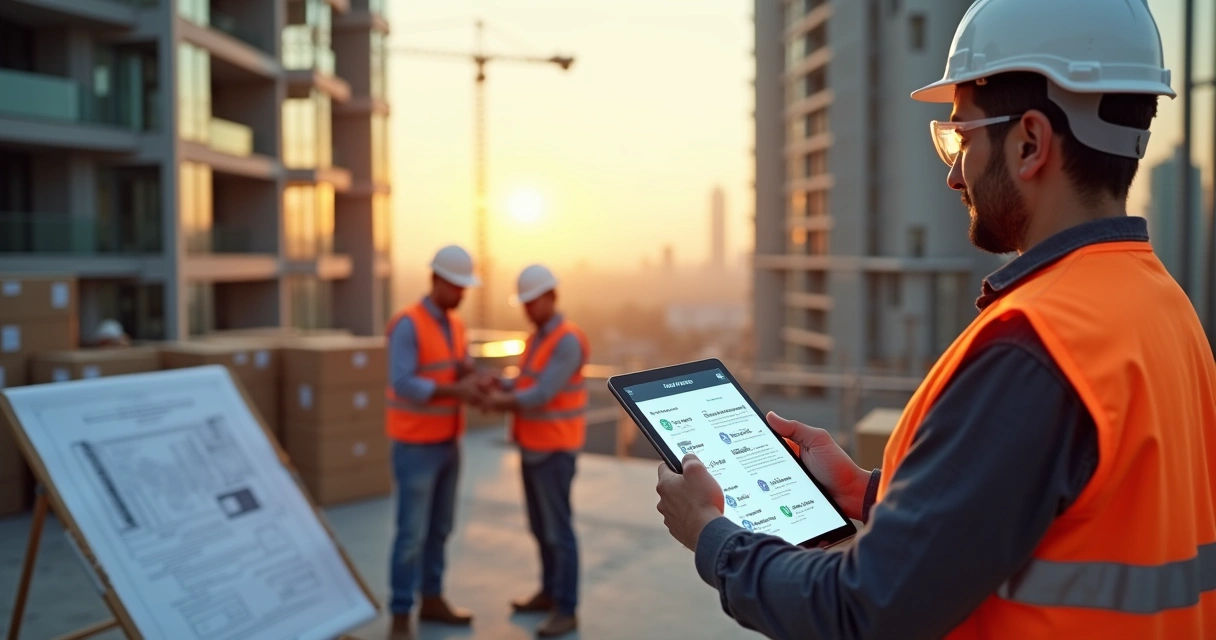 Engenheiro usando tablet em canteiro de obras com prédio quase concluído ao fundo