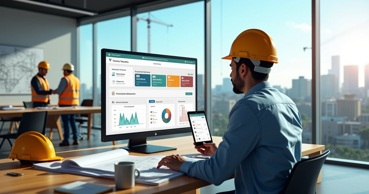 Gestor de construtora usando plataforma digital para gestão pós-obra com equipe e planta baixa ao fundo