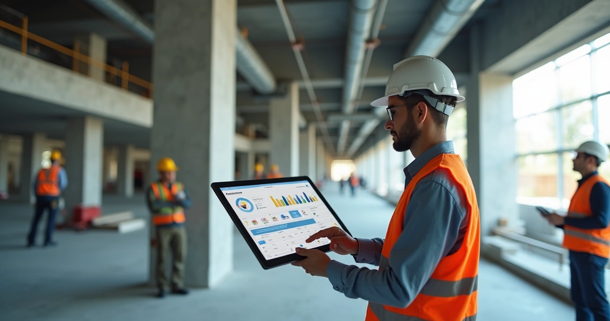 Engenheiro analisando histórico digital de manutenção em tablet dentro de obra em construção