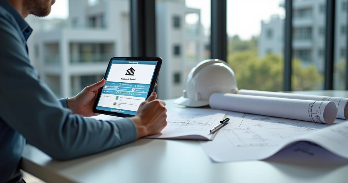 Engenheiro e cliente consultando manual do proprietário digital em tablet na obra