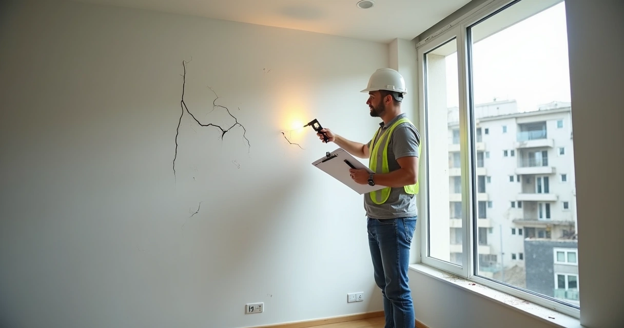 Engenheiro inspecionando fissuras em parede de apartamento recém-entregue