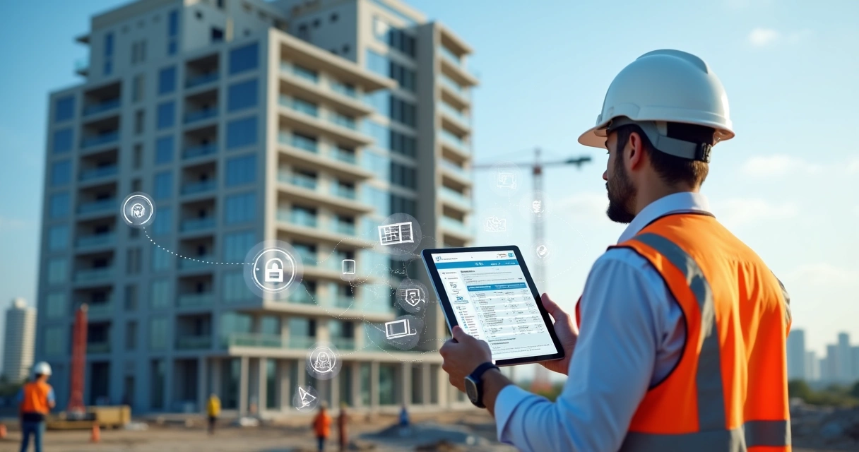Engenheiro usando tablet com plantas digitais em obra de construção civil moderna