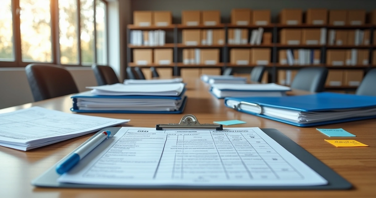 Mesa organizada com pastas de manutenção e checklist de auditoria em destaque