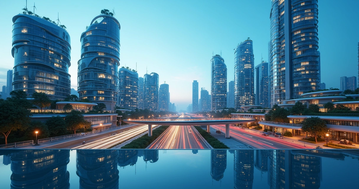 Vista aérea de cidade futurista com prédios sustentáveis luminosos à noite