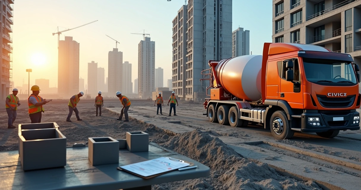 Caminhão de concreto usinado descarregando ao lado de laboratório móvel de ensaios