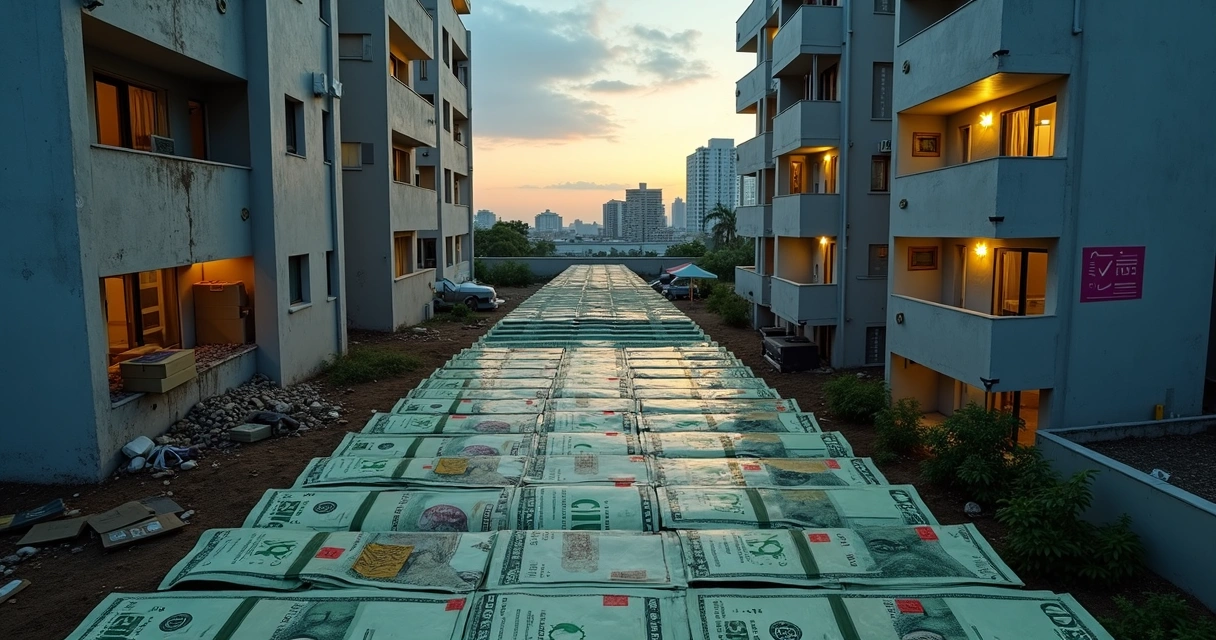 Escadaria de dinheiro conectando prédios residenciais modernos