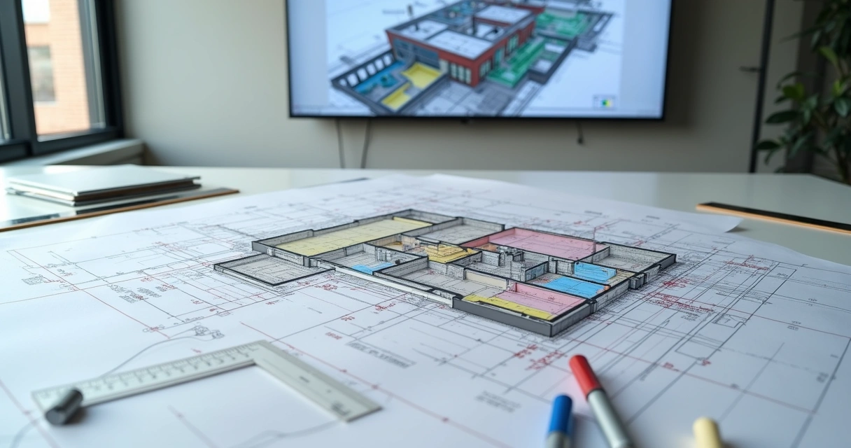 Planta técnica colorida com revisões como projeto as built em mesa de escritório