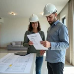 Engenheiro e cliente conferem checklist de entrega de obra em apartamento recém-construído