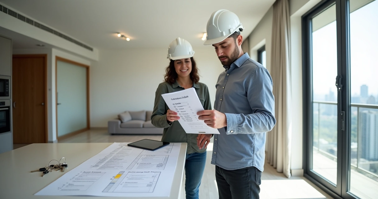 Engenheiro e cliente conferem checklist de entrega de obra em apartamento recém-construído