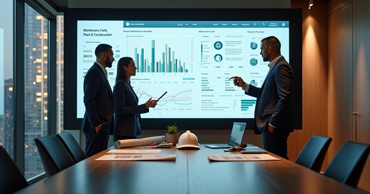 Gestor analisando custos de manutenção pós-obra em painel digital com prédio residencial ao fundo