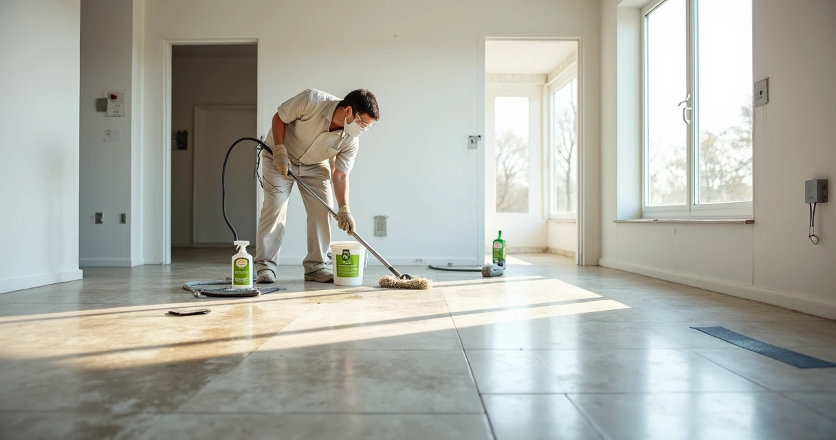 Profissional realizando limpeza detalhada pós-obra em sala com piso claro