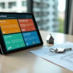 Tela de manual digital do proprietário aberta em tablet ao lado de chave de apartamento e planta baixa