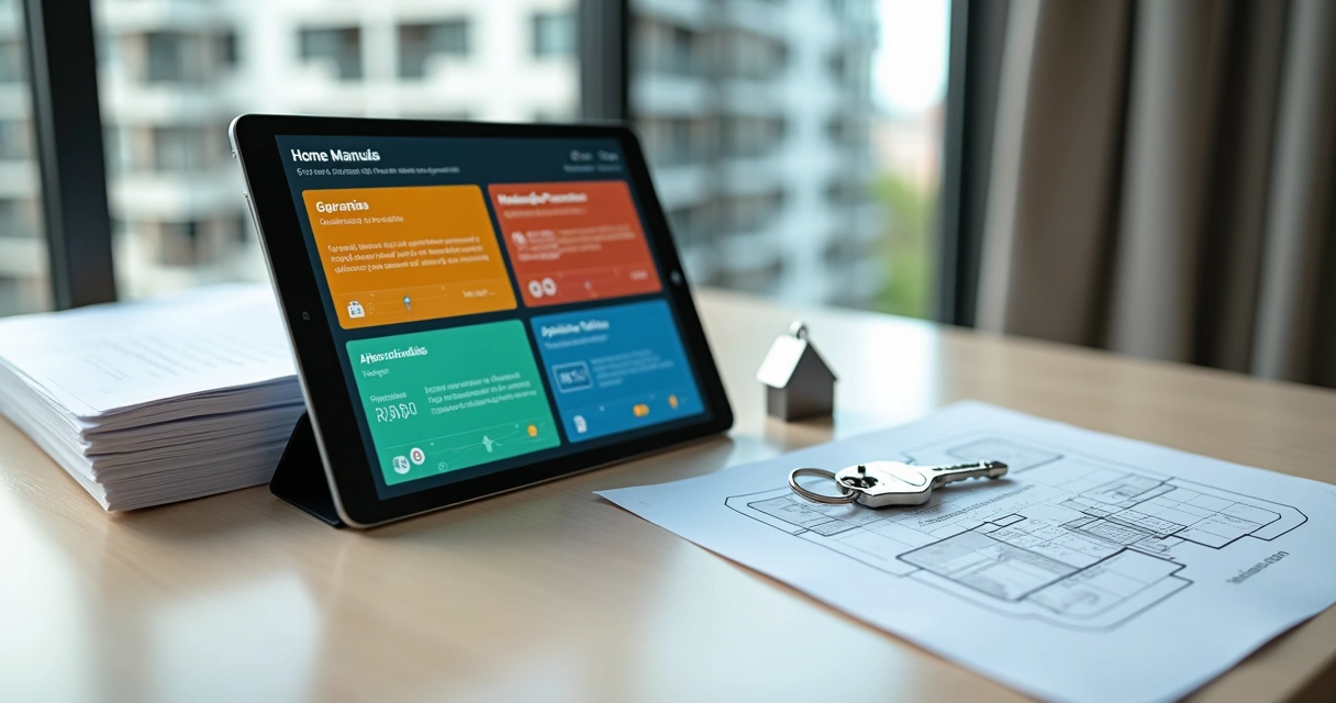 Tela de manual digital do proprietário aberta em tablet ao lado de chave de apartamento e planta baixa