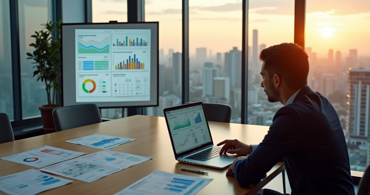 Gestora analisando dashboard digital com indicadores de desempenho pós-obra em sala de reunião moderna