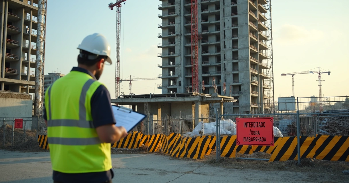 Fiscal vistoriando obra parada com faixa de interdição e estruturas de prédio em construção ao fundo
