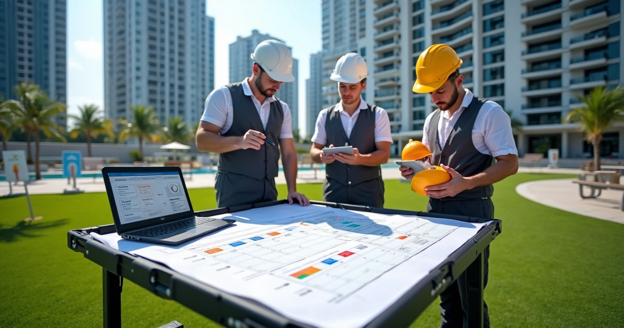 Equipe técnica revisando checklist de manutenção em área externa de condomínio residencial